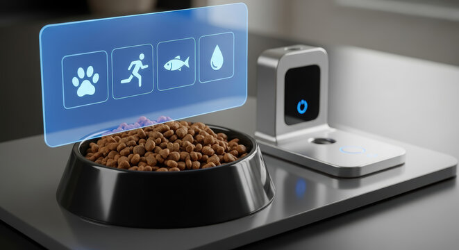 Smart pet feeder with holographic interface displaying feeding options, showcasing modern technology and convenience for pet care in a sleek kitchen environment