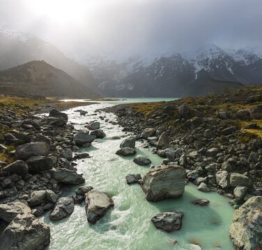 Hooker River flowing from glacial lake, Mueller Lake, Mount Cook National Park, Canterbury Region, New Zealand