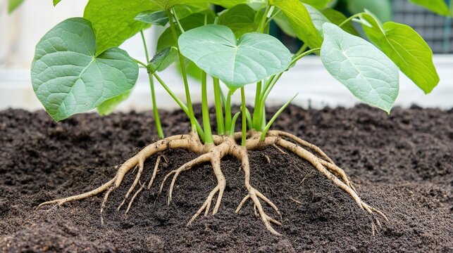 kava. Close-up of a kava plant root with rough textured surface and fresh soil in natural earthy tones. gardening catalogs, home-decor guides, designed for home decor and floral branding.