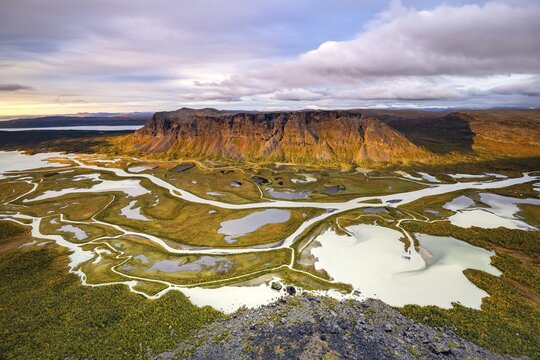View from Skierffe mountain over the autumnal Rapadalen river delta, morning atmosphere, Rapa&auml;lv river, Sarek National Park, Laponia, Lapland, Sweden