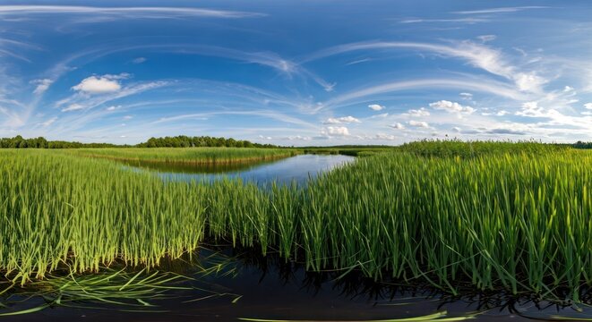 Panoramic marsh scene with tall grasses, calm water, under a swirling blue sky