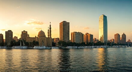 Fototapeta premium Panoramic view of a city skyline at sunset, reflected on calm water