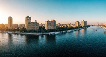 Fototapeta premium Panoramic view of a city skyline beside a wide river under a clear, golden sky