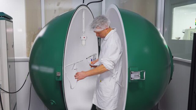 Laboratory scientist calibrates light spectrum. Researcher adjusts cables and inspects samples carefully. Scientist in laboratory setting measures light spectrum and records data precisely