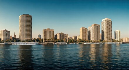 Fototapeta premium Panoramic view of a city skyline with modern high-rises reflected in a tranquil river