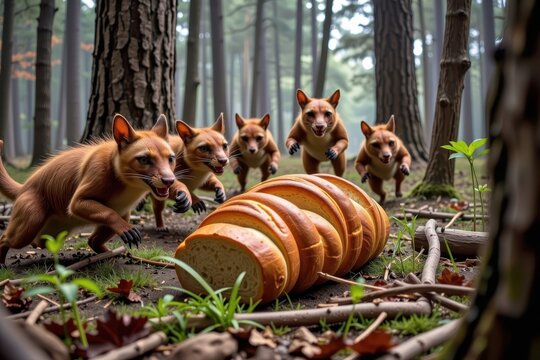 A pack of feral toasters ruthlessly hunting a wild, majestic loaf of braided brioche bread through the woods.