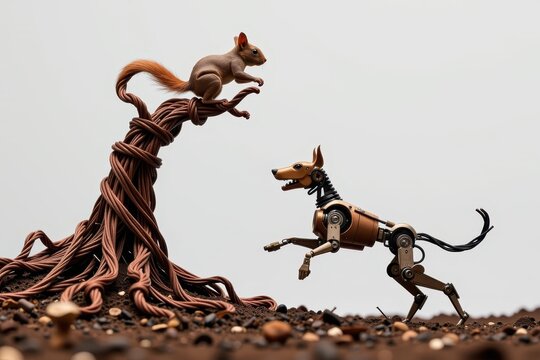 A robotic dog chasing a mechanical squirrel up a towering tree made of twisted, oxidized copper wire.