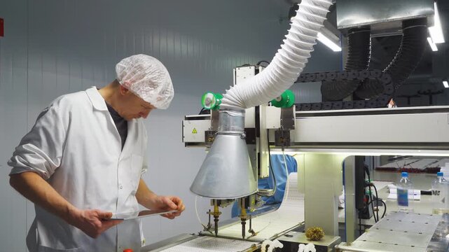 Technician adjusts soldering robot settings. Operator uses tablet to calibrate soldering equipment. Methodical technician adjusts nozzle parameters using tablet at conveyorized circuit board station