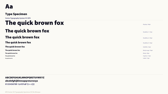 Modern typography specimen layout showing font styles, weights, and character sets for graphic design and branding