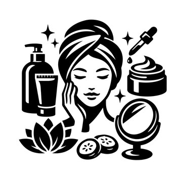 Woman with towel on head surrounded by skincare products and beauty tools for facial treatment and self-care routine