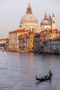 Evening atmosphere, view from the Ponte dell'Accademia to the Grand Canal and the Basilica Santa Maria della Salute, Venice, Veneto, Italy