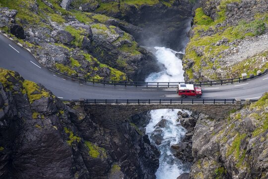 Single car on the mountain road Trollstigen, near &Aring;ndalsnes, M&oslash;re og Romsdal, Vestland, Norway