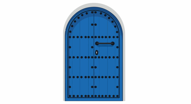 Rustic arched blue double doors with black studs and a handle