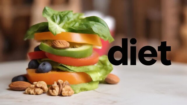 A healthy stacked fruit and vegetable sandwich concept with the word diet, representing balanced nutrition, clean eating, and wellness lifestyle.