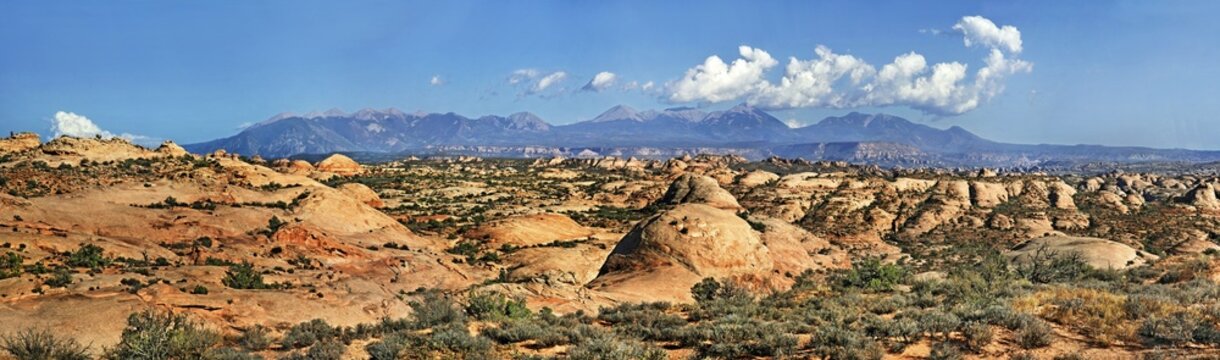 Overlooking the Petrified Dunes towards the La Sal Mountains in the distance, Arches-Nationalpark, near Moab, Utah, United States