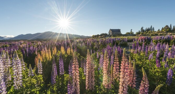 Sun shining through colorful Large-leaved lupines (Lupinus polyphyllus), sunstern, backlight, Church of the Good Shepherd, Lake Tekapo, Canterbury Region, Southland, New Zealand