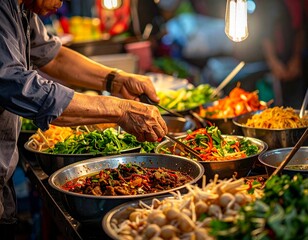 Obraz premium Vendor Preparing Colorful Fresh Vegetables at Vibrant Night Market