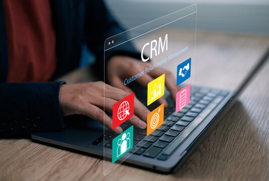 CRM customer relationship management system, Businessman working on laptop analytics, sales tracking client engagement digital marketing strategy, data management business target growth customer
