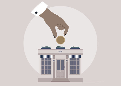 A hand is placing a coin atop a charming cafe, symbolizing investment and hope for small businesses to thrive, creating connections within the community and boosting local economies.