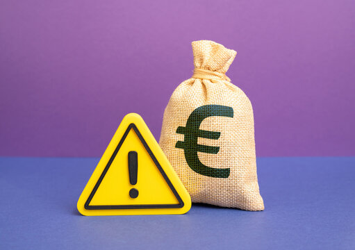 Euro moneybags with a warning sign signal questionable funds origin. Asset freezes and suspended financing. Compliance checks, regulation, financial control highlight risk. Accountability in banking