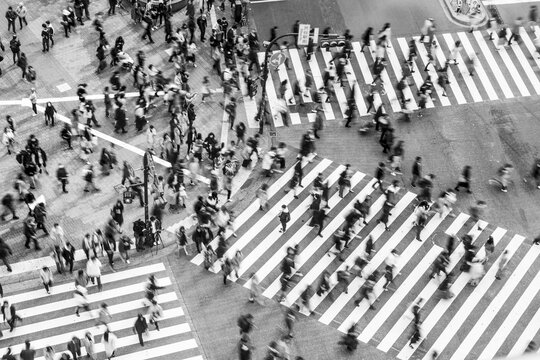 Shibuya crossing, crowds at intersection, many people cross zebra crossing, blurred, motion, black and white, Shibuya, Udagawacho, Tokyo, Japan