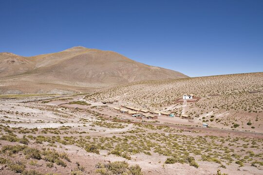 Small village with church in the Atacama Desert, on the road to El Tatio Geyser Field, Regi&oacute;n de Antofagasta, Chile, South America
