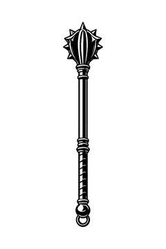 A black and white illustration of a medieval flail weapon with a spiked ball on a chain