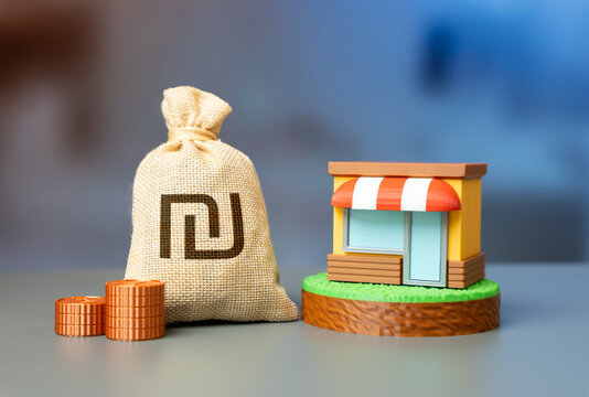 A store and a shekel money bag represent business income and profit. Retail investments and funding. Grants, subsidies, and financial support help small businesses grow and succeed