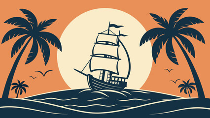 Vintage Sailing Ship Sunset Sea Flat Vector © MdSzzad
