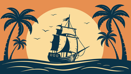 Vintage Sailing Ship Sunset Sea Flat Vector © MdSzzad