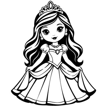 Black and white illustration of a cute cartoon princess wearing a tiara and a beautiful dress