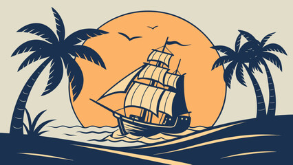 Vintage Sailing Ship Sunset Sea Flat Vector © MdSzzad