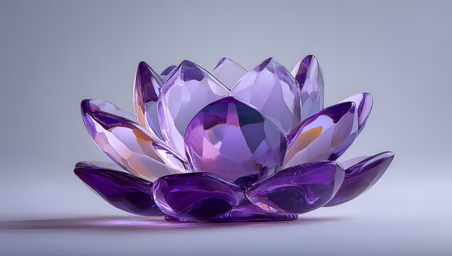 A close-up studio shot showcases a crystallized lotus blossom. Its petals, multifaceted and transparent, glimmer with varying shades of purple and light