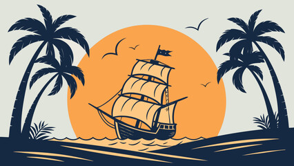 Vintage Sailing Ship Sunset Sea Flat Vector © MdSzzad