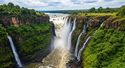 Obraz premium Majestic cascade of water plunges into a river gorge, framed by lush green vegetation