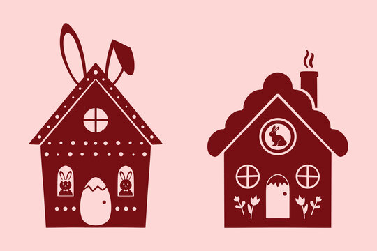 Cute bunny house illustration set in whimsical style. Perfect for Easter, kids design, greeting cards, and seasonal projects.