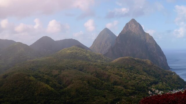 The Pitons St Lucia Time-lapse: Dynamic Clouds and Weather Transition from Sun to Rain over UNESCO World Heritage Site