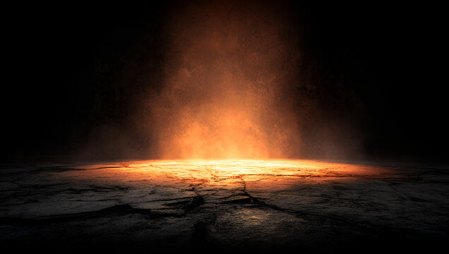 A dramatic, textured floor glows from a hidden light source, casting an orange/yellow aura into the surrounding darkness