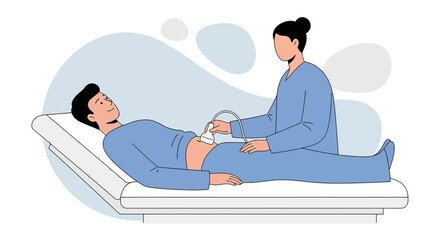 Obraz premium Doctor performs ultrasound on male patient lying on examination table in clinic