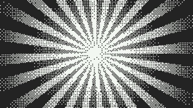 Pixel art radial rays in monochrome palette rotating seamlessly. Dithered retro texture with strong contrast and continuous motion.