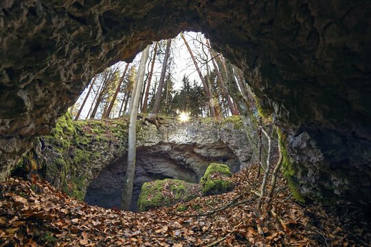 Collapsed cave near Elbersberg chapel, Elbersberg, Pottenstein town, Franconian Switzerland, Upper Franconia, Franconia, Bavaria, Germany