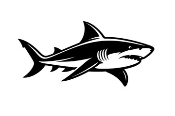 Obraz premium A black and white illustration of a shark with an open mouth and sharp teeth swimming on a white background
