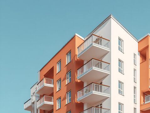 A modern residential building, featuring balconies, painted in shades of orange and white, against a clear, pale blue sky