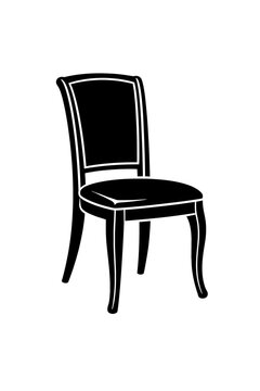 Black chair icon with white outline on white background, simple furniture silhouette