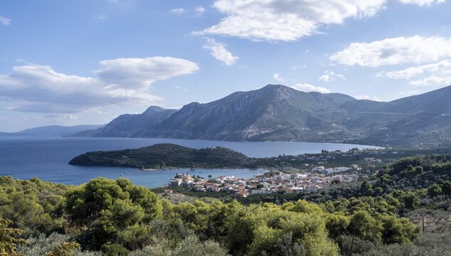 Volcanic peninsula Methana, view over the sea and landscape with mountains and extinct volcanoes, Saronic Gulf, Peloponnese, Greece