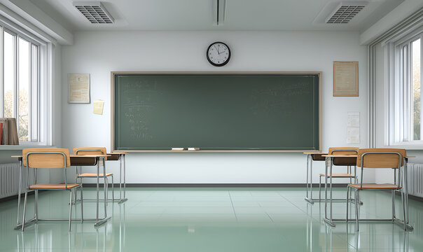 A tidy, well-lit classroom featuring rows of desks and chairs, a large chalkboard, windows, a clock, and a general education aesthetic