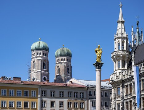 Marian column and steeples of the Church of Our Lady, Marienplatz, Munich, Bavaria, Germany