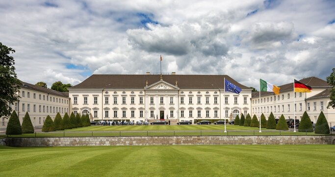 Bellevue Palace with European, Irish and German flags, official residence of the German Federal President, Berlin, Germany