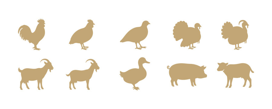 A set of farm animal icons featuring a rooster, quail, turkey, goat, duck, hare, pig, and cow, all drawn against a beige background.
