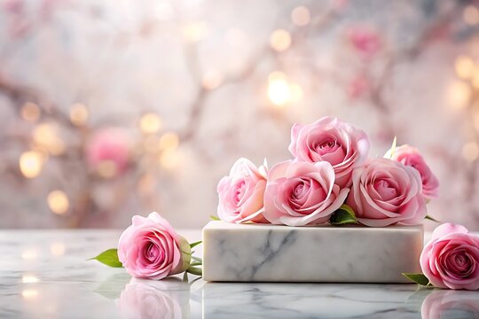 Delicate Pink Roses on Marble Block with Bokeh Lights Keywords: roses, pink, flowers, floral, marble, block, bokeh